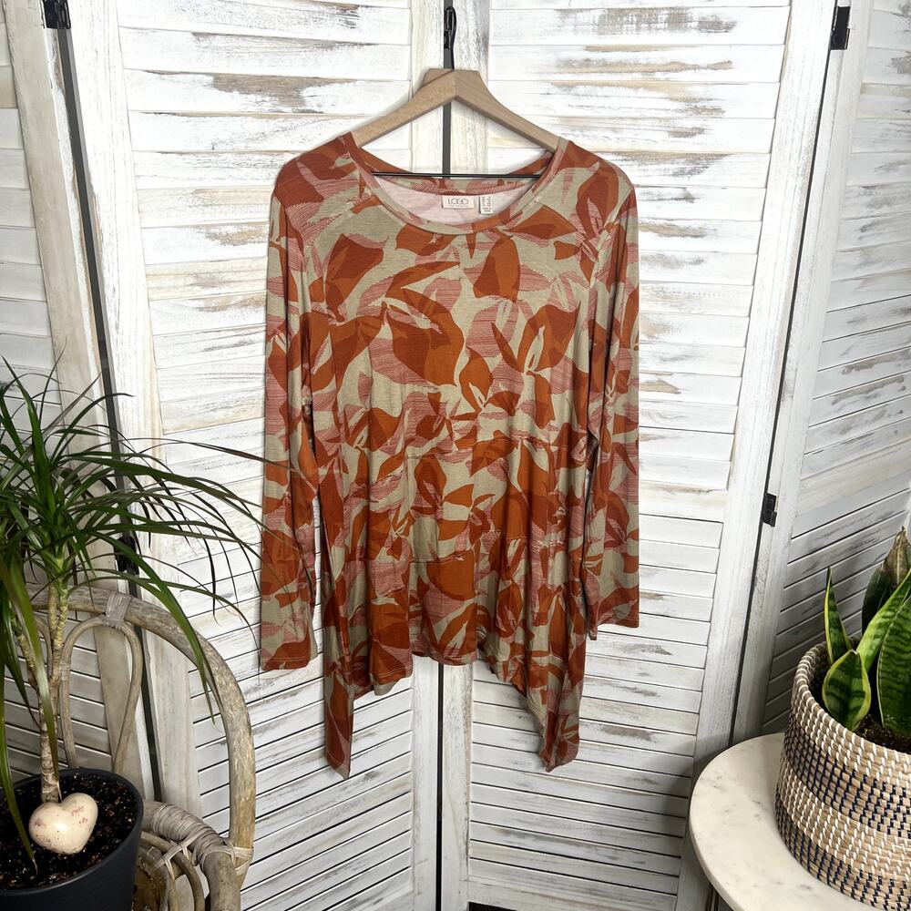 LOGO LORI GOLDSTEIN Women's Plus 1X Printed Floral Jersey Seamed Top Orange Clay - Picture 7 of 9